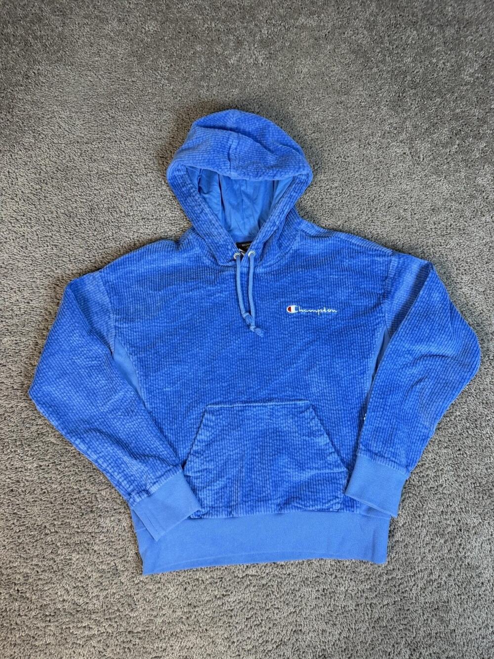 Champion Hoodie Mens M Blue Pullover Hooded Pockets Corduroy Logo Embroidered